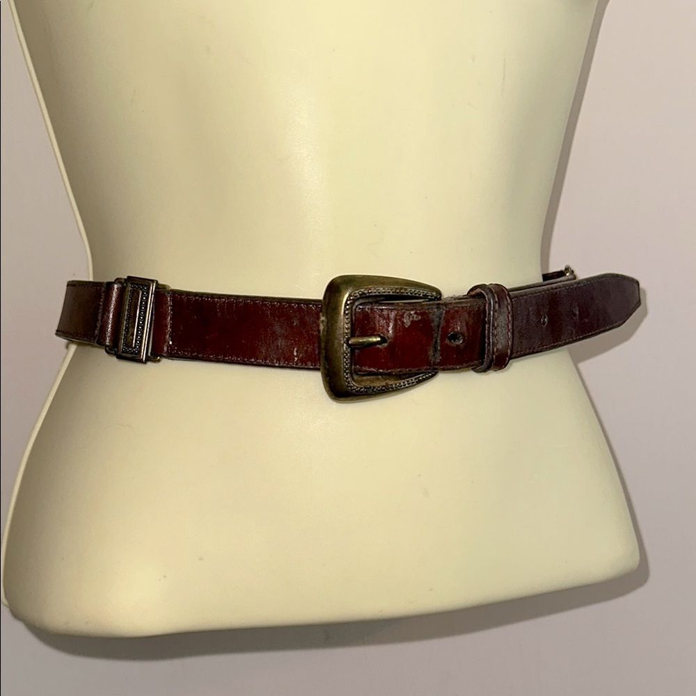 Vintage 1997 Fossil Brown Leather Belt with‎ Gold Buckle & Gold Embellishments